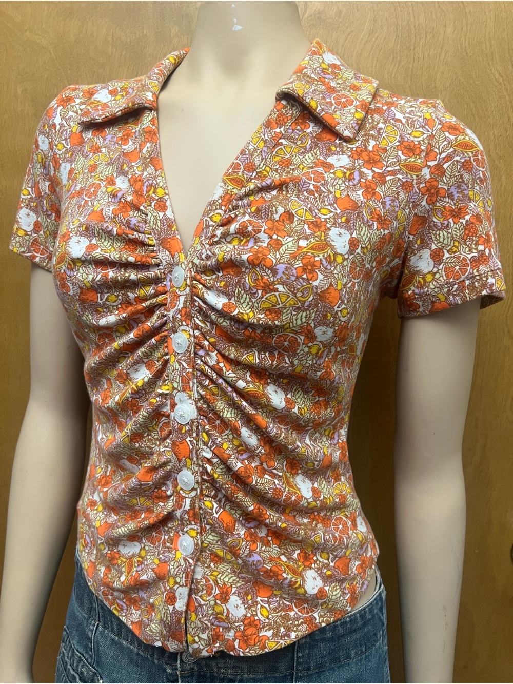 Anthropologie Maeve Ruched Button-Front Citrus/Floral Top, seen on General Hosp! - Picture 10 of 16
